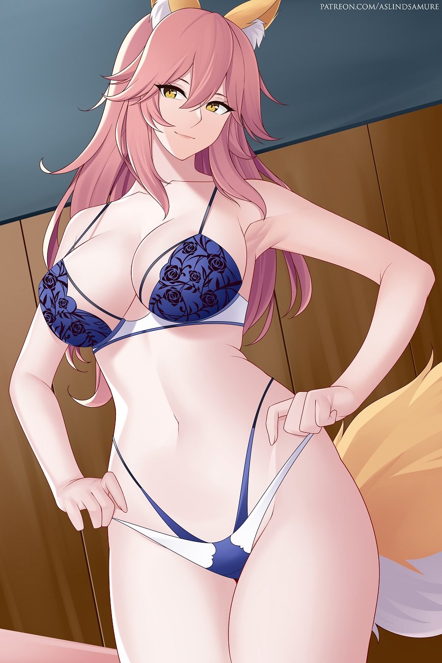 1girl animal_ear_fluff animal_ears aslindsamure bangs banned_artist bare_shoulders blue_bra blue_panties blush bra breasts cleavage collarbone fate/extra fate_(series) fox_ears fox_girl fox_tail hair_between_eyes hands_on_hips highleg highleg_panties highres large_breasts long_hair looking_at_viewer multi-strapped_panties navel panties pink_hair sidelocks smile tail tamamo_(fate)_(all) tamamo_no_mae_(fate) thighs underwear yellow_eyes