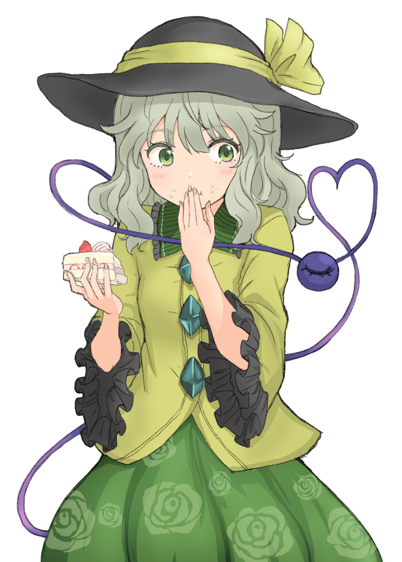 1girl :t bangs black_headwear blouse blush breasts cake cake_slice closed_mouth commentary_request covering_mouth cowboy_shot eyeball eyebrows_visible_through_hair floral_print food food_on_face frills goto_tsukasa green_eyes green_hair green_skirt hands_up hat hat_ribbon heart heart_of_string holding holding_cake holding_food komeiji_koishi long_hair long_sleeves looking_to_the_side ribbon simple_background skirt small_breasts solo third_eye touhou wavy_hair white_background wide_sleeves yellow_blouse yellow_ribbon