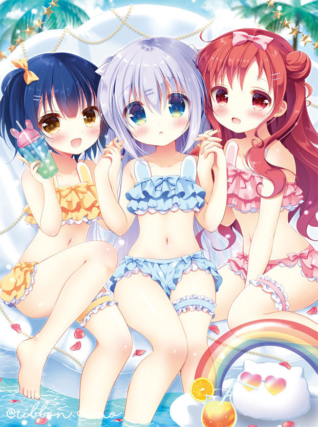 3girls :d :o aono_ribbon bare_arms bare_legs bare_shoulders barefoot bendy_straw bikini blue_bikini blue_eyes blue_hair blush bow brown_eyes chimame-tai collarbone commentary_request cup double_bun drink drinking drinking_glass drinking_straw gochuumon_wa_usagi_desu_ka? hair_bow hair_ornament hairclip hand_up hands_up heart heart-shaped_eyewear holding holding_cup holding_hands jouga_maya kafuu_chino knee_up long_hair multiple_girls natsu_megumi navel open_mouth pink_bikini pink_bow rainbow red_eyes red_hair smile strapless strapless_bikini sunglasses swimsuit tippy_(gochiusa) very_long_hair water white_bow yellow_bikini yellow_bow