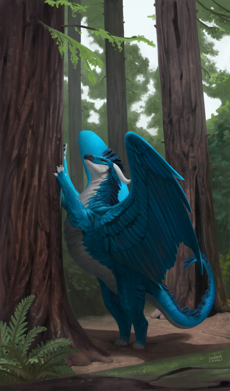 ambiguous_gender blue_body blue_feathers blue_fur day detailed_background dragon feathered_dragon feathered_wings feathers feral forest fur grass hi_res horn madness_demon outside plant sky smile solo tree wings