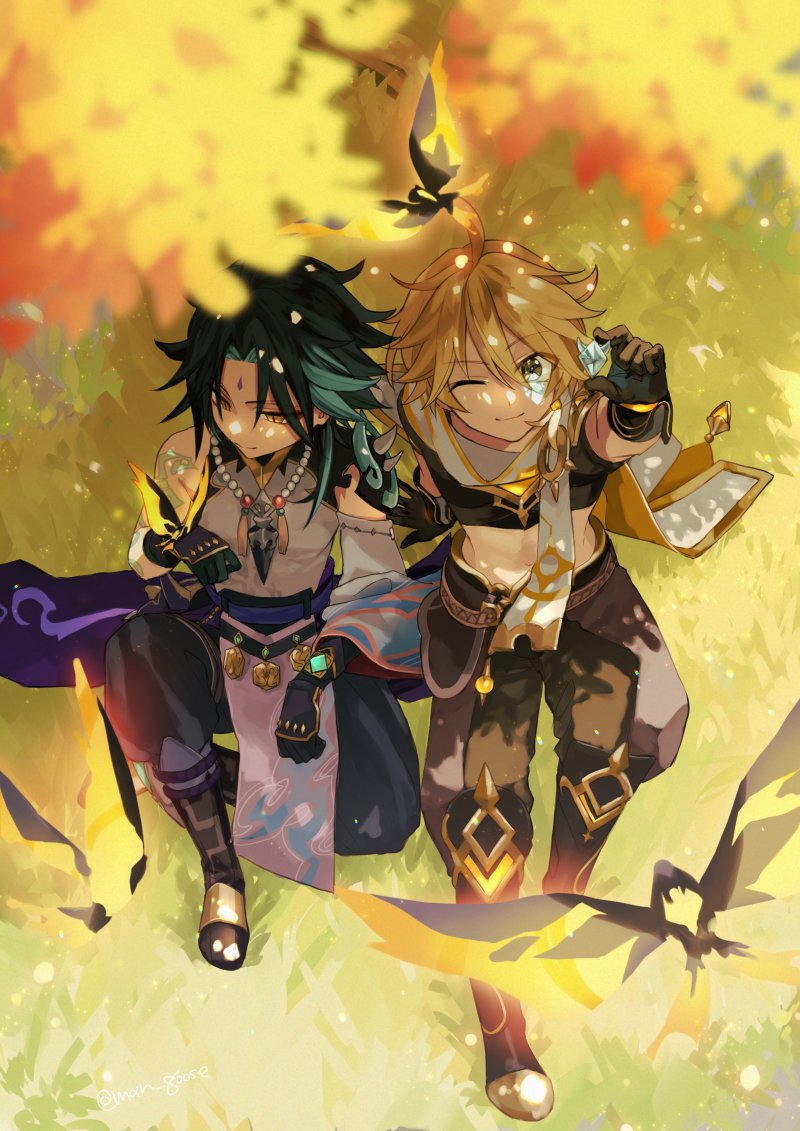 2boys aether_(genshin_impact) ahoge aqua_hair arm_tattoo armor asymmetrical_clothes bangs beads black_gloves black_hair blonde_hair boots bug butterfly closed_mouth eyebrows_visible_through_hair facial_mark forehead_mark from_above genshin_impact gloves grass hair_between_eyes holding insect jewelry leaf maka_(morphine) male_focus multiple_boys one_eye_closed outdoors pants short_sleeves shoulder_armor sitting smole spikes tattoo vision_(genshin_impact) xiao_(genshin_impact) yellow_eyes