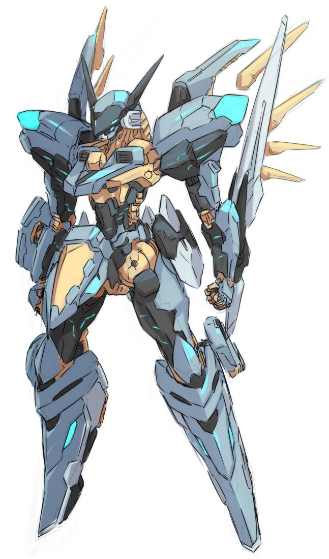 arm_blade blue_eyes clenched_hand jehuty karukan_(monjya) mecha mechanical_wings no_humans open_hand orbital_frame science_fiction solo weapon white_background wings zone_of_the_enders