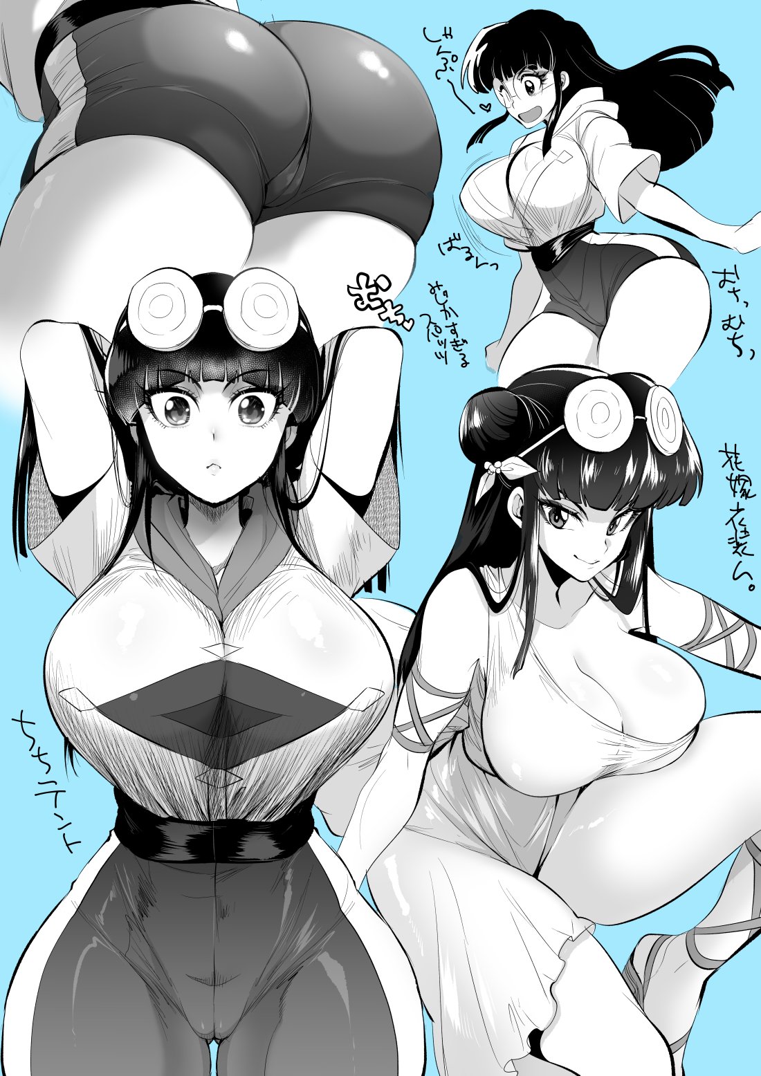 1girl arms_behind_head arms_up bangs black_hair black_shorts blue_background blunt_bangs breasts cleavage double_bun dress eyewear_on_head genderswap genderswap_(mtf) glasses greyscale highres large_breasts long_hair marimo_(yousei_ranbu) monochrome mousse multiple_views ranma_1/2 shorts simple_background smile thick_thighs thighs white_dress