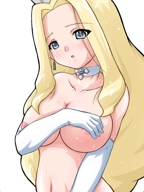 areolae blonde_hair blue_eyes blush breast_hold breasts choker covering elbow_gloves girutaabo gloves large_breasts long_hair nipples nude princess_pride rockman rockman_exe solo sweat