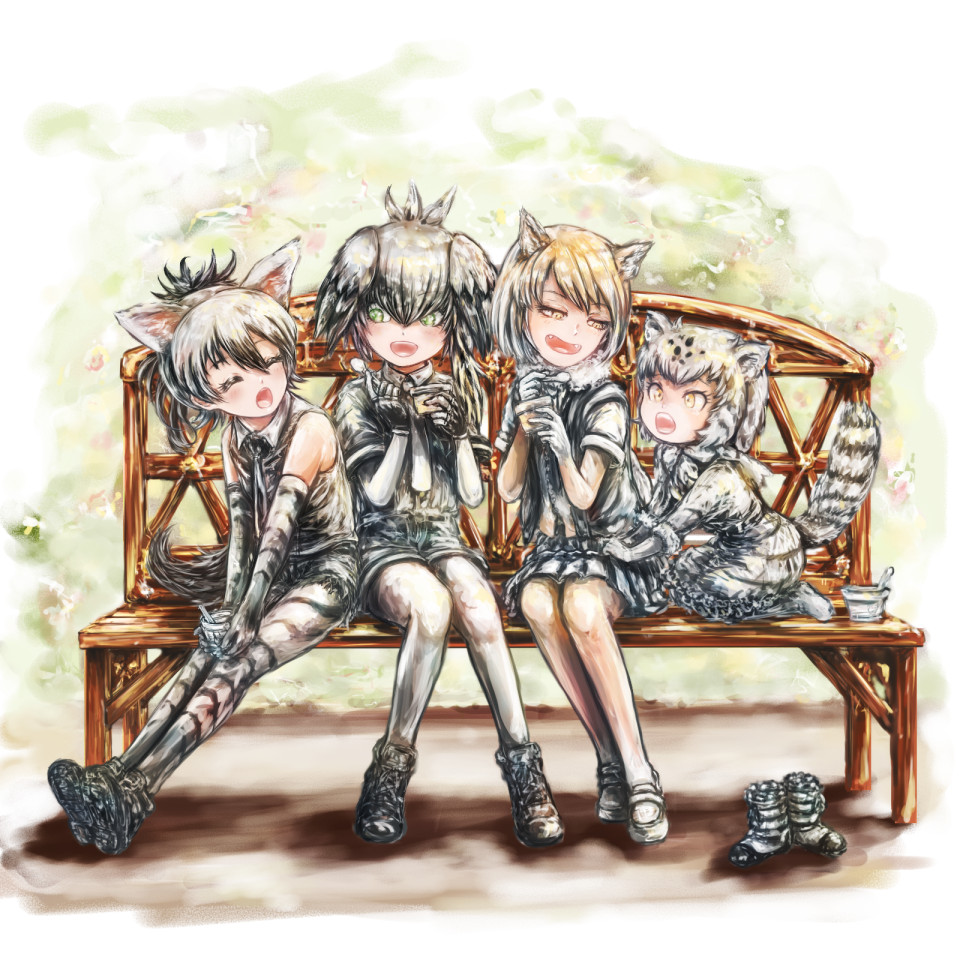 4girls aardwolf_(kemono_friends) aardwolf_ears aardwolf_print aardwolf_tail animal_ears animal_print bangs bare_shoulders bench black_hair bodystocking brown_hair cat_ears cat_girl cat_tail closed_eyes collared_shirt commentary_request day dress elbow_gloves facing_another fingerless_gloves footwear_removed fox_ears friends full_body fur-trimmed_sleeves fur_collar fur_trim gloves green_eyes grey_hair grey_shirt grey_shorts hair_between_eyes half-closed_eyes height_difference high_ponytail holding kemono_friends kneeling knees_together_feet_apart leaning_forward leaning_to_the_side legs_together legwear_under_shorts long_hair long_sleeves medium_hair multicolored_hair multiple_girls necktie on_bench open_mouth outdoors outstretched_arms outstretched_legs pallas's_cat_(kemono_friends) pantyhose park_bench parted_bangs scarf shirt shoebill_(kemono_friends) shoes short_over_long_sleeves short_sleeves shorts side-by-side sitting sitting_on_bench skirt sleeveless sleeveless_shirt smile stealstitaniums striped_tail tail tibetan_sand_fox_(kemono_friends) two-tone_hair wing_collar yellow_eyes