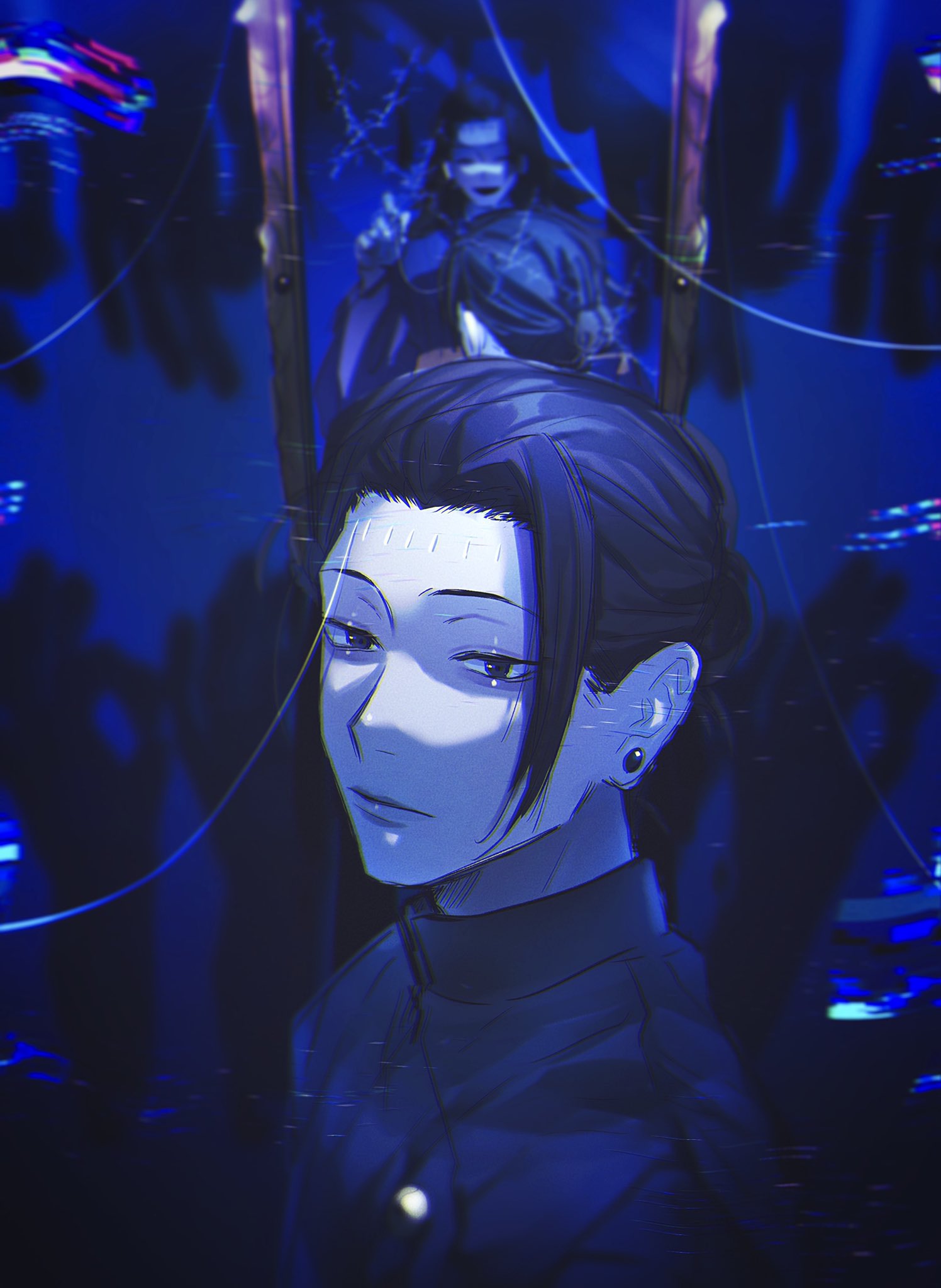 2boys ^_^ bangs black_eyes black_hair black_jacket blue_background blue_theme closed_eyes closed_mouth dual_persona ear_piercing getou_suguru hair_pulled_back hand_up highres jacket jujutsu_kaisen kuropani_cos long_hair looking_at_viewer male_focus mirror multiple_boys open_mouth piercing reflection short_hair smile stitching upper_body