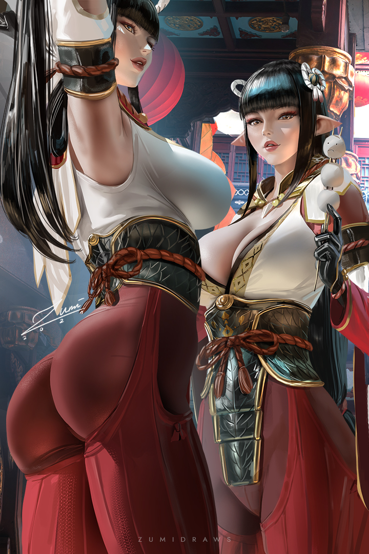 2021 2girls armband artist_name ass bangs banned_artist black_gloves black_hair blunt_bangs breasts cleavage dango eyelashes feet_out_of_frame food gloves hair_ornament hime_cut hinoa japanese_clothes large_breasts lips long_hair makeup mascara minoto monster_hunter_(series) monster_hunter_rise multiple_girls obi parted_lips pointy_ears rope sash siblings sidelocks signature twins wagashi yellow_eyes zumi_(zumidraws)