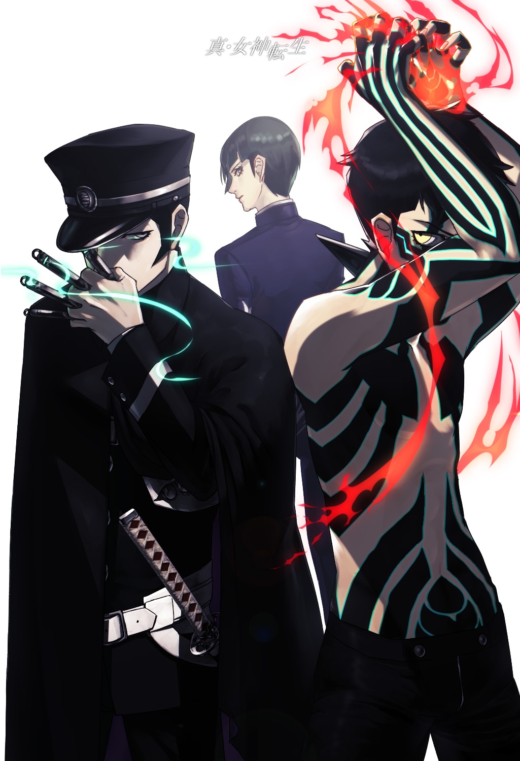 abs artist_request black_hair brown_hair cloak devil_summoner fire full_body_tattoo gakuran hat highres hitoshura katana kuzunoha_raidou looking_at_viewer male_focus multiple_boys muscular peaked_cap school_uniform shako_cap shin_megami_tensei shin_megami_tensei_iii:_nocturne shin_megami_tensei_v shirtless short_hair sideburns simple_background sword tattoo weapon yellow_eyes