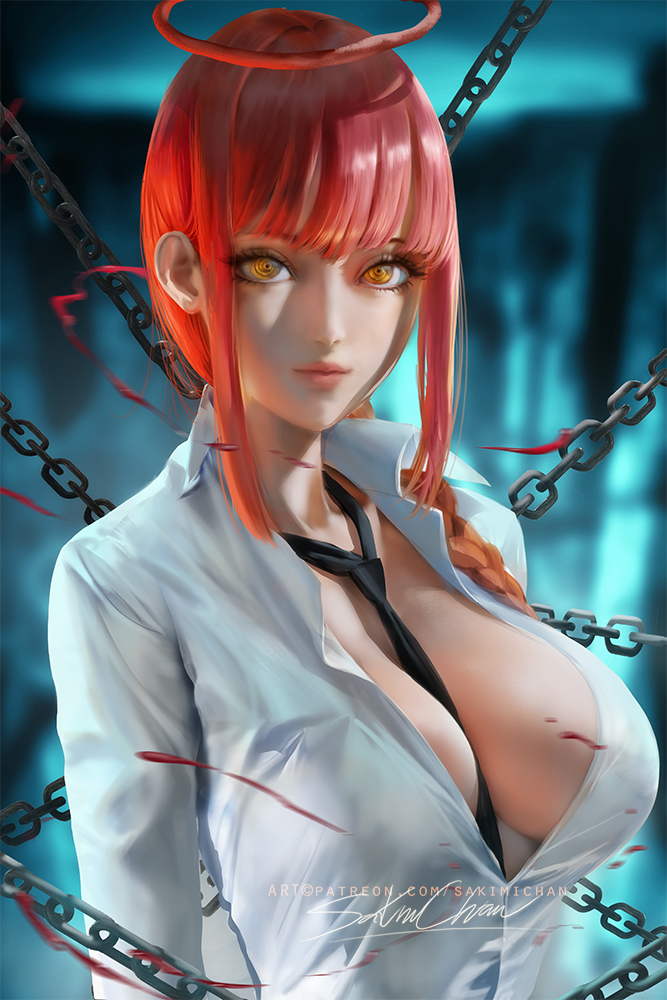 1girl bangs banned_artist between_breasts braid braided_ponytail breasts chain chainsaw_man cleavage closed_mouth collared_shirt hair_over_shoulder halo large_breasts long_hair loose_necktie makima_(chainsaw_man) necktie necktie_between_breasts neckwear open_clothes open_shirt red_hair ringed_eyes sakimichan shirt sidelocks white_shirt yellow_eyes