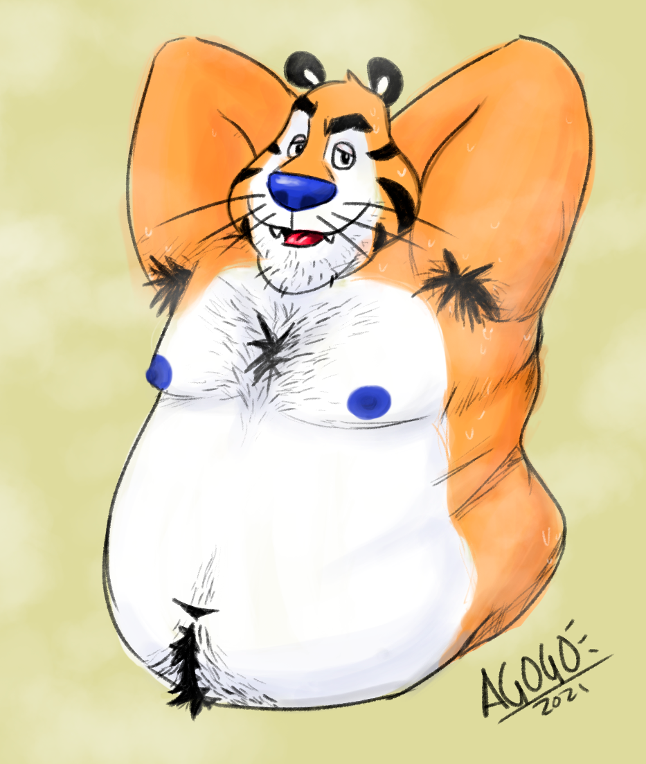 agogoart anthro armpit_hair belly bodily_fluids body_hair chest_hair felid feline frosted_flakes hairy kellogg's male mammal mascot overweight overweight_anthro overweight_male pantherine solo sweat tiger tony_the_tiger