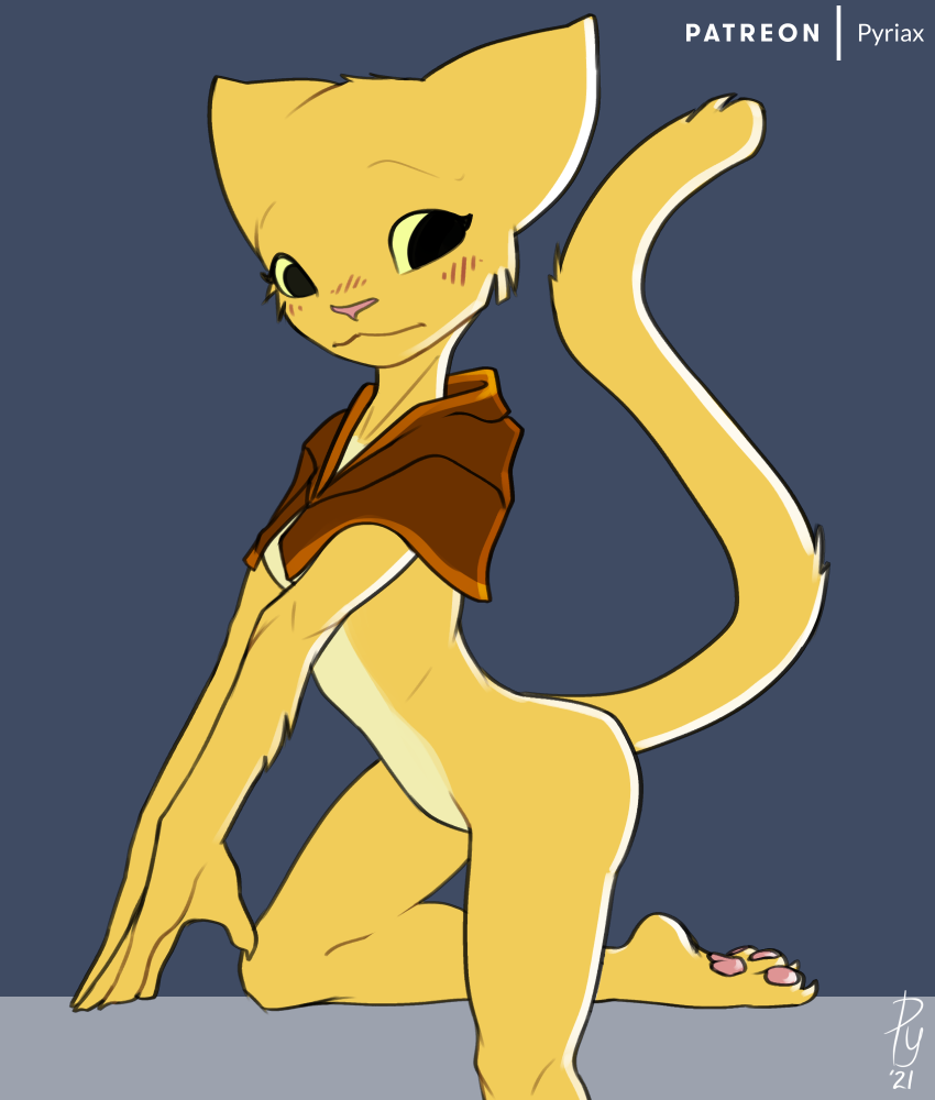 2021 3_toes anthro barefoot bethesda_softworks blush bottomless claws clothed clothing feet felid female fur katia_managan khajiit mammal pawpads pink_pawpads pinup_pose plantigrade prequel pyriax raised_tail soles solo the_elder_scrolls toes video_games webcomic yellow_body yellow_fur