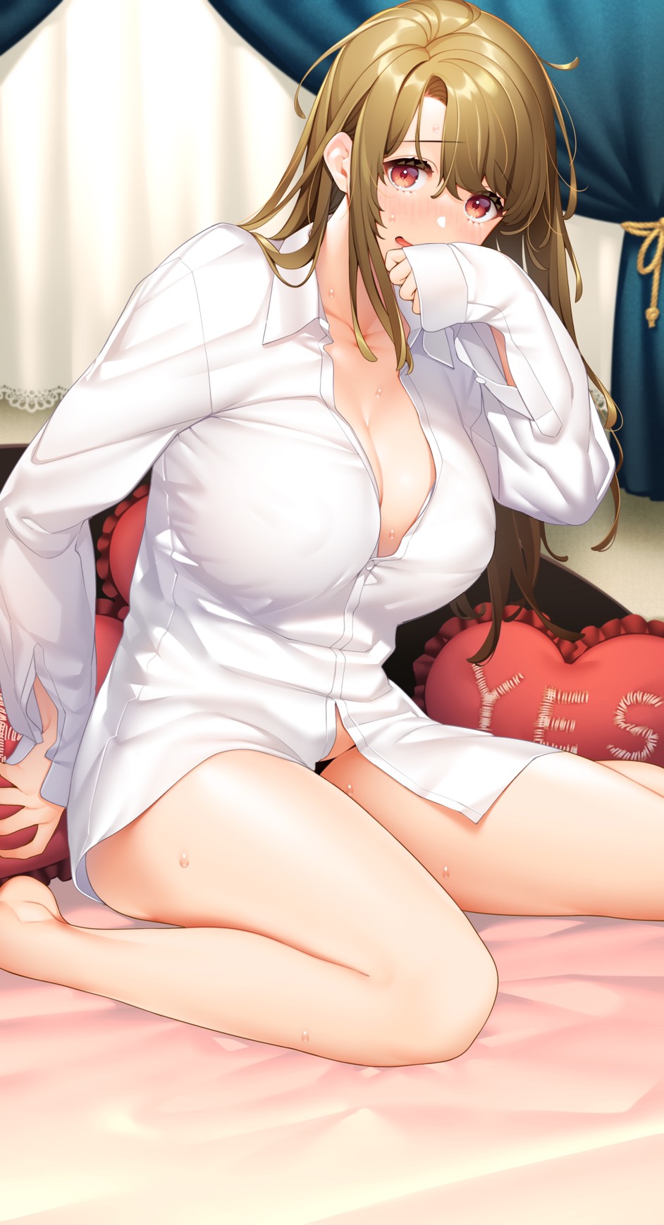1girl barefoot blush borrowed_garments breasts brown_eyes brown_hair cleavage collarbone collared_shirt curtains dress_shirt frilled_pillow frills giuniu heart heart_pillow highres large_breasts long_sleeves mature_female musume_janakute_mama_ga_suki_nano!? no_bra no_pants official_art open_mouth partially_unbuttoned pillow second-party_source shirt sitting solo sweat thighs unbuttoned_sleeves wariza white_shirt yes yes-no_pillow