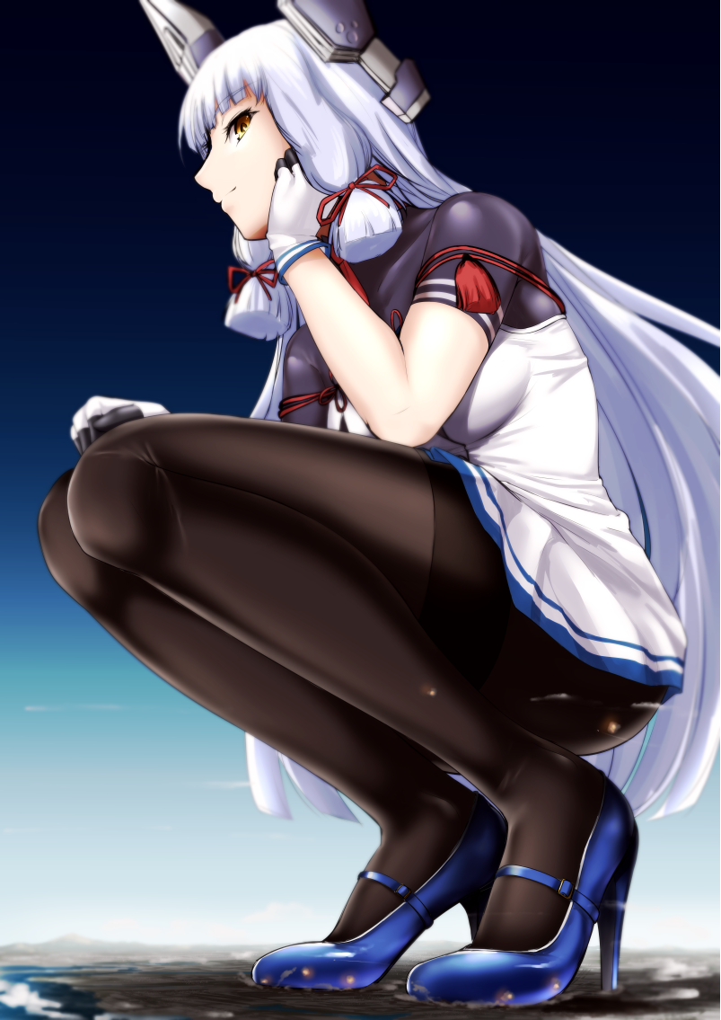 1girl bad_id bad_twitter_id bangs blue_footwear blush breasts cloud collarbone destruction dress explosion fingerless_gloves giant giantess gloves hair_ribbon hand_on_own_cheek hand_on_own_face hand_on_own_knee headgear high_heels kantai_collection long_hair looking_at_viewer looking_down medium_breasts murakumo_(kancolle) outdoors pantyhose rakia_(ds00309) ribbon sailor_dress shoes sidelocks silver_hair sky smile smug solo squatting tassel thighs tress_ribbon very_long_hair white_gloves