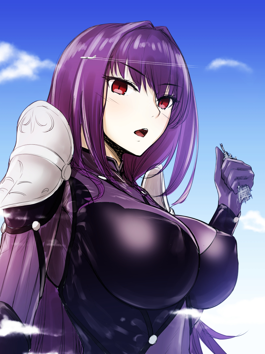 1girl aircraft airplane blush bodysuit breasts building cloud covered_nipples day destruction eyebrows_visible_through_hair fate/grand_order fate_(series) giant giantess hair_intakes highres large_breasts long_hair open_mouth purple_bodysuit rakia_(ds00309) red_eyes scathach_(fate) scathach_(fate)_(all) skin_tight skyscraper solo very_long_hair