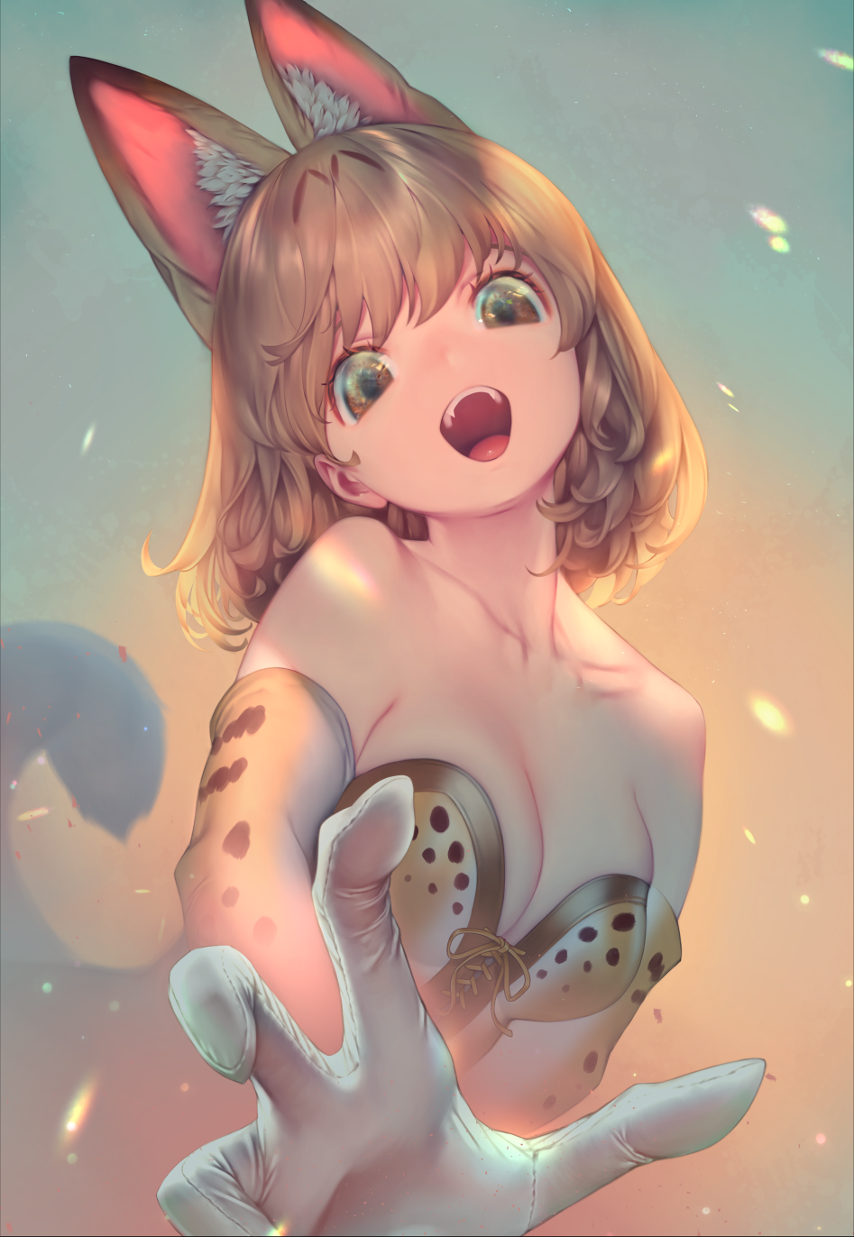 1girl animal_ear_fluff animal_ears bangs banned_artist breasts brown_eyes brown_hair cleavage elbow_gloves gloves gradient gradient_background highres kemono_friends looking_at_viewer medium_breasts mifu_(b24vc1) open_mouth ribbon serval_(kemono_friends) serval_ears serval_print serval_tail short_hair solo strapless tail upper_body upper_teeth white_gloves yellow_ribbon