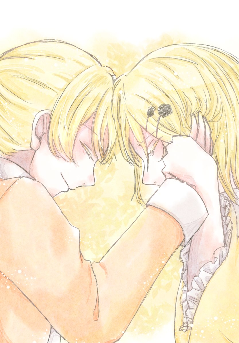 1boy 1girl aku_no_meshitsukai_(vocaloid) aku_no_musume_(vocaloid) allen_avadonia blonde_hair brother_and_sister closed_eyes colored_eyelashes comforting consoling evillious_nendaiki forehead-to-forehead frilled_sleeves frills hair_ornament hairclip hand_grab hand_on_another's_cheek hand_on_another's_face jacket kagamine_len kagamine_rin kiraru_rarirari orange_jacket riliane_lucifen_d'autriche siblings twins wide_sleeves wrist_grab