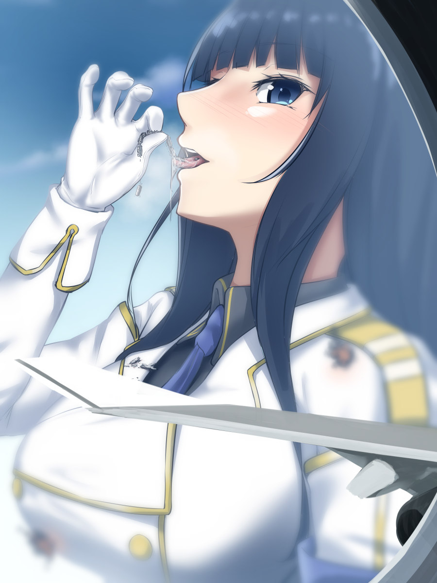 1girl aircraft airplane bangs black_hair black_shirt blue_eyes blue_neckwear blunt_bangs blush breasts cloud coat collared_shirt day epaulettes eyebrows_visible_through_hair focused giant giantess gloves ground_vehicle highres ikaruga_(senran_kagura) jet_engine large_breasts long_hair long_sleeves looking_at_viewer necktie open_mouth rakia_(ds00309) senran_kagura shirt solo teeth tongue tongue_out train vore white_coat white_gloves