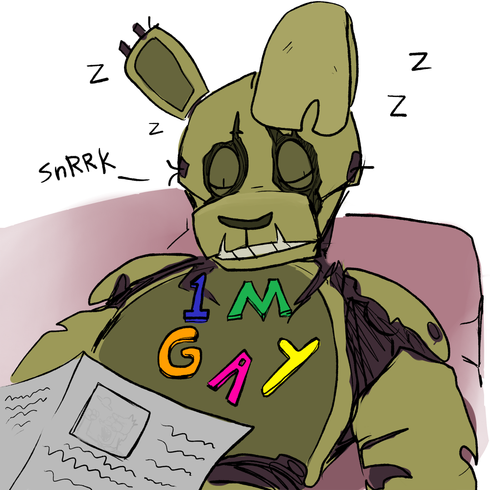 1:1 2021 animatronic anthro close-up corpse death english_text eyes_closed five_nights_at_freddy's five_nights_at_freddy's_3 fridge_magnet furniture green_body humor lagomorph leporid long_ears machine magnet male mammal monsterdongles multicolored_body newspaper notched_ear prank rabbit robot simple_background sitting sleeping sofa solo sound_effects springtrap_(fnaf) teeth text torn_arm torn_body torn_face two_tone_body video_games white_background wire zzz