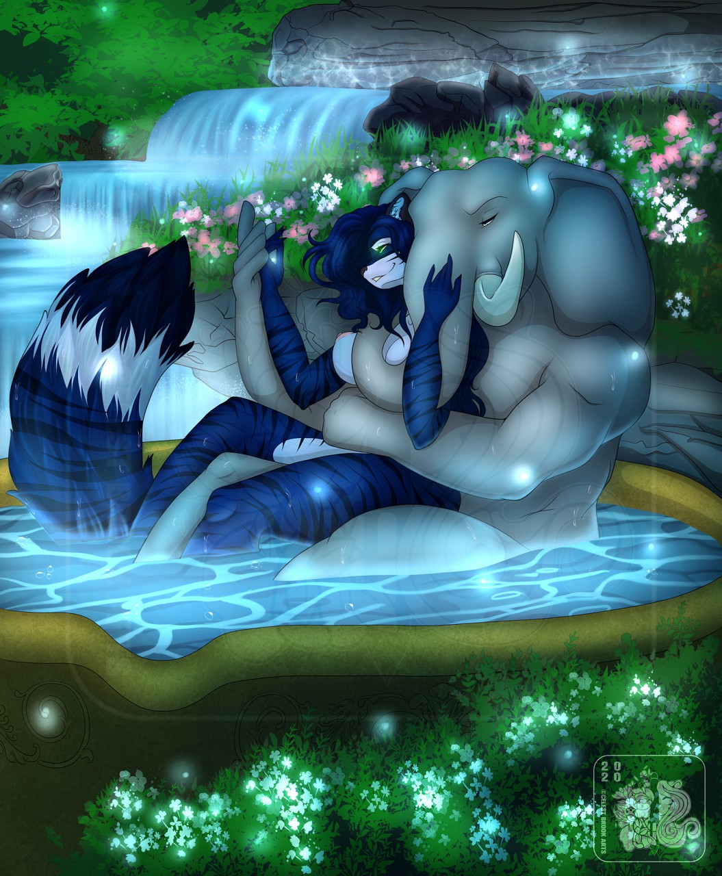 2020 5_fingers anthro bath black_nose blue_body blue_fur blue_hair breasts celest celestbrook digital_media_(artwork) duo elephant elephantid embrace felid female fingers fur garden grey_body grey_skin hair hand_on_trunk hi_res hot_spring hug humanoid_hands light long_hair looking_at_hand male male/female mammal moonlight multicolored_body multicolored_fur night nipples nude on_lap outside pantherine partially_submerged proboscidean romantic_ambiance romantic_couple scelestus_dominus signature sitting sitting_on_lap striped_body striped_fur stripes tiger two_tone_body two_tone_fur water waterfall watermark wet wet_body wet_fur wet_skin white_body white_fur