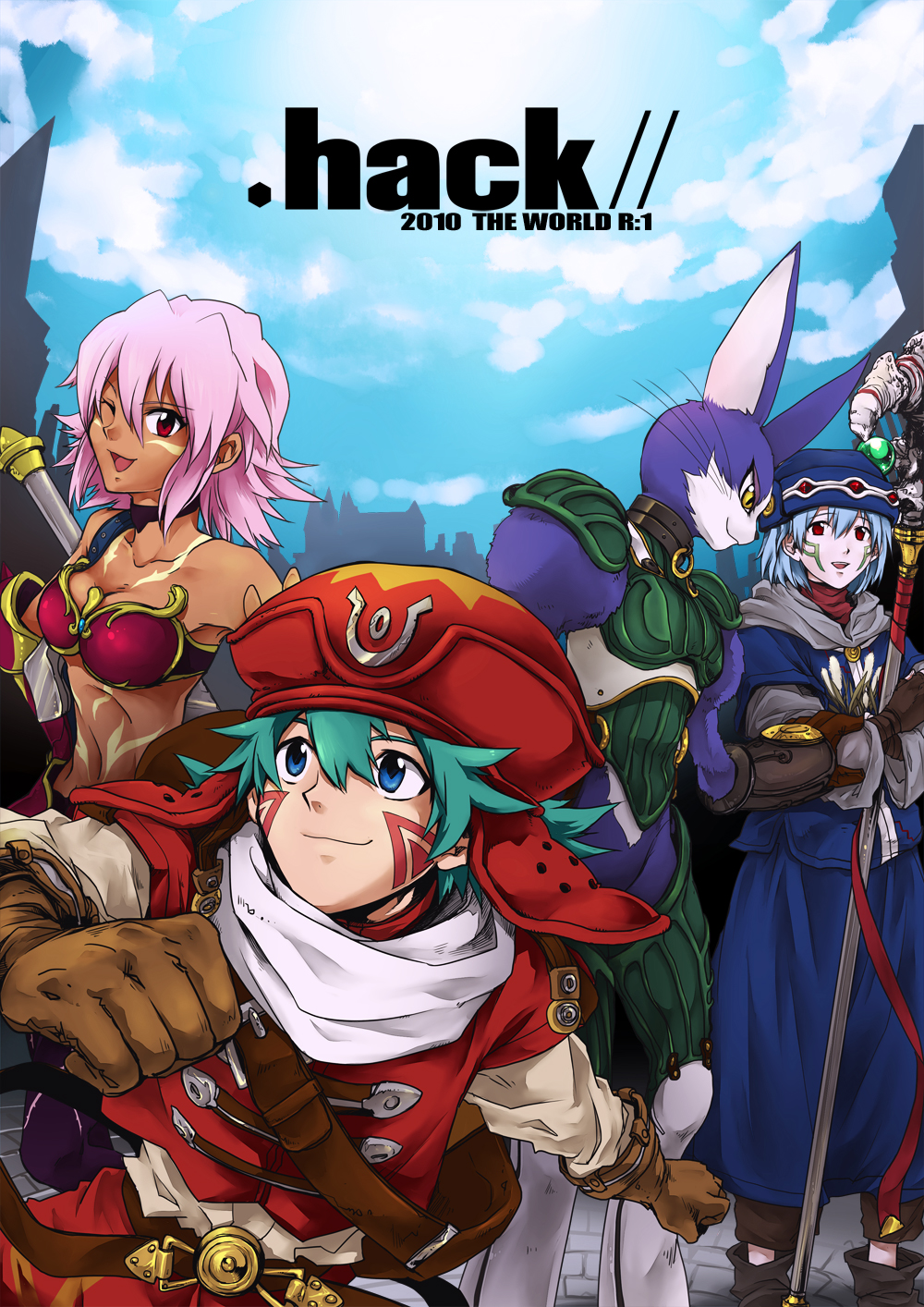 .hack// .hack//games 2boys 2girls air+ animal_ears armor bikini_armor black_rose_(.hack//) blue_eyes blue_hair breasts cleavage closed_mouth dark_skin elk_(.hack//) facial_mark flat_chest furry gloves hat highres holding kite_(.hack//) looking_at_viewer mia_(.hack//) multiple_boys multiple_girls open_mouth red_eyes short_hair smile staff sword tattoo weapon yellow_eyes