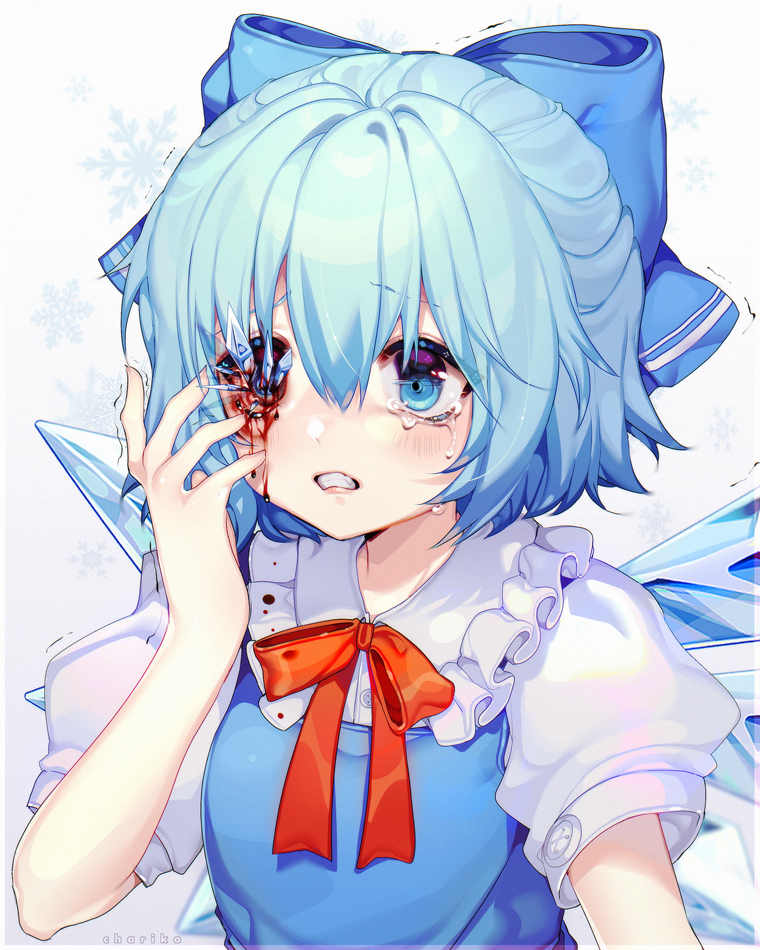 1girl bangs blood bloody_tears blue_bow blue_dress blue_eyes blue_hair blush bow breasts chariko cirno clenched_teeth crying crying_with_eyes_open dress eye_injury eyebrows_visible_through_hair frilled_shirt_collar frills grimace guro hair_between_eyes hair_bow hand_up ice ice_wings injury puffy_short_sleeves puffy_sleeves red_neckwear short_hair short_sleeves simple_background small_breasts snowflakes solo tears teeth touhou trembling upper_body white_background wings