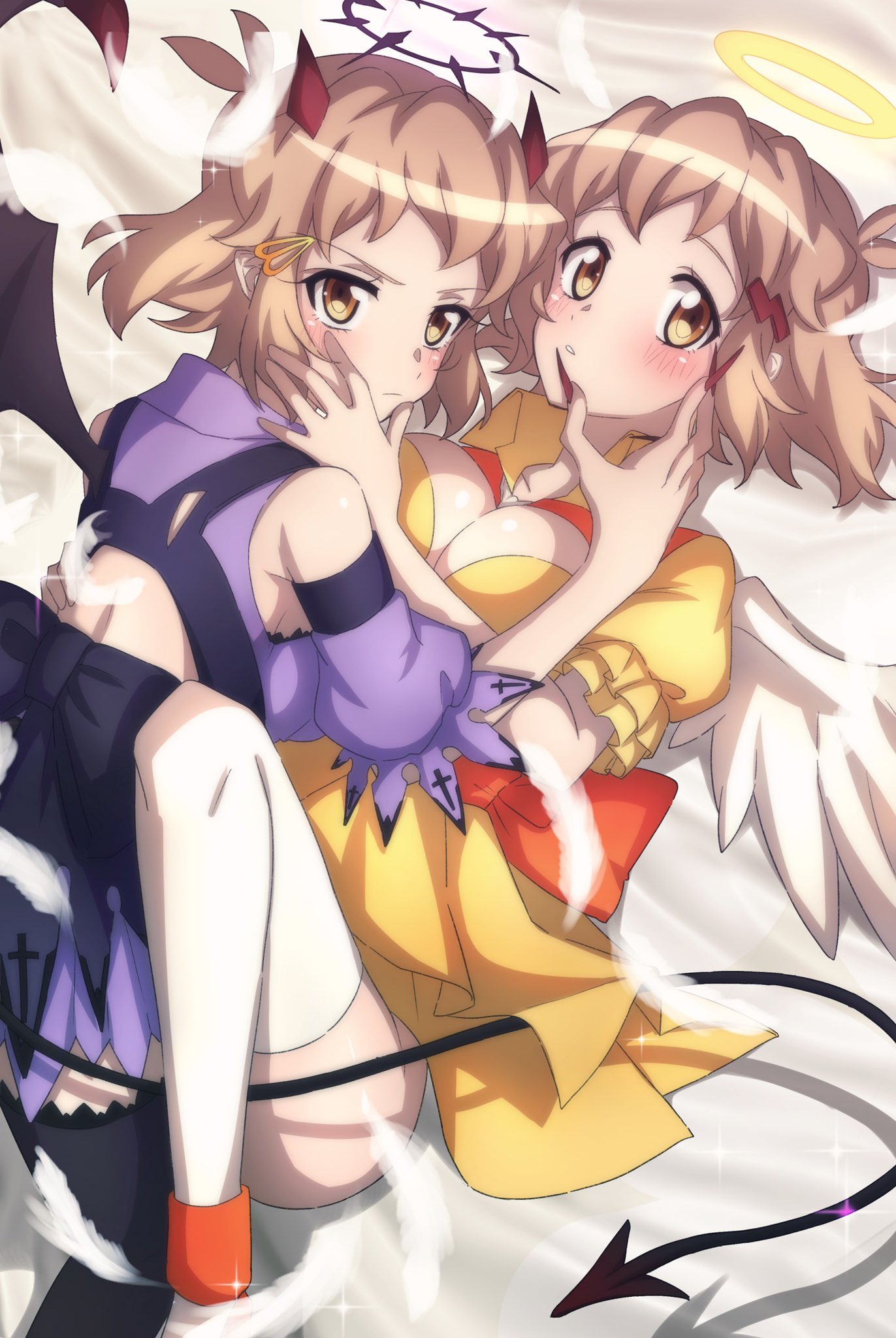 2girls angel_costume angel_wings black_legwear blonde_hair blush breasts brown_eyes cleavage cosplay demon_costume demon_girl demon_horns demon_wings dual_persona fake_horns halo highres horns large_breasts looking_at_viewer looking_back multiple_girls selfcest senki_zesshou_symphogear senki_zesshou_symphogear_xd_unlimited shiny shiny_hair shiny_skin short_hair tachibana_hibiki_(symphogear) thighhighs white_legwear wings yukitsuba_hina yuri