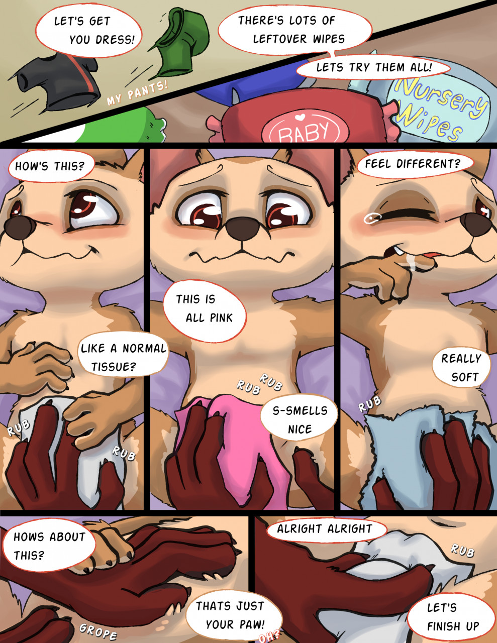 anthro baby_wipes bodily_fluids canid canine clothing comic dialogue disney duo fennec finger_fetish finger_in_mouth finger_play fingers finnick fox grope hi_res infantilism kuuneho lying male male/male mammal nick_wilde on_back red_fox saliva size_difference zootopia