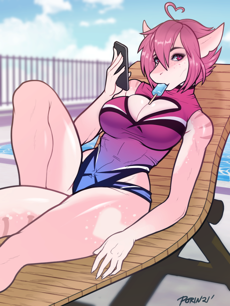 2021 5_fingers anthro breasts clothing day detailed_background digital_media_(artwork) eyebrows eyelashes female fingers food hair hi_res lying on_back one-piece_swimsuit outside phone pink_hair popsicle porin red_eyes sky solo swimwear
