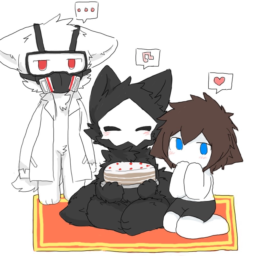 &lt;3 ... ambiguous_gender anthro black_body black_fur blue_eyes blush bottomwear brown_hair cake canid canine canis changed_(video_game) chano chest_tuft clothed clothing coat daww dessert dr._k_(changed) eyes_closed food fur gas_mask group hair holding_object human kneeling lab_coat lin_(changed) looking_at_viewer male mammal mask musical_note plate puro_(changed) red_eyes rug shorts simple_background sitting speech_bubble topless topless_male topwear tuft white_background white_body white_fur wolf