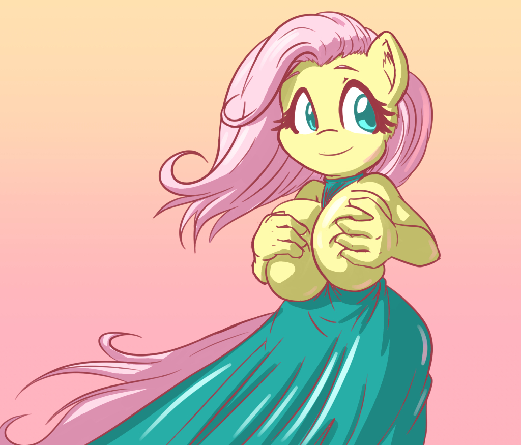 anthro anthrofied big_breasts breasts clothing dress equid female fluttershy_(mlp) friendship_is_magic hair hasbro mammal my_little_pony pink_hair snus-kun solo yellow_body