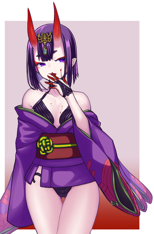 1girl bangs bare_shoulders blood blood_on_face bloody_hands bob_cut breasts bridal_gauntlets collarbone eyeliner fate/grand_order fate_(series) finger_licking haiiro_gundan headpiece horns japanese_clothes kimono licking long_sleeves looking_at_viewer makeup obi off_shoulder oni oni_horns purple_eyes purple_hair purple_kimono revealing_clothes sash short_hair shuten_douji_(fate) skin-covered_horns small_breasts thighs tongue tongue_out wide_sleeves