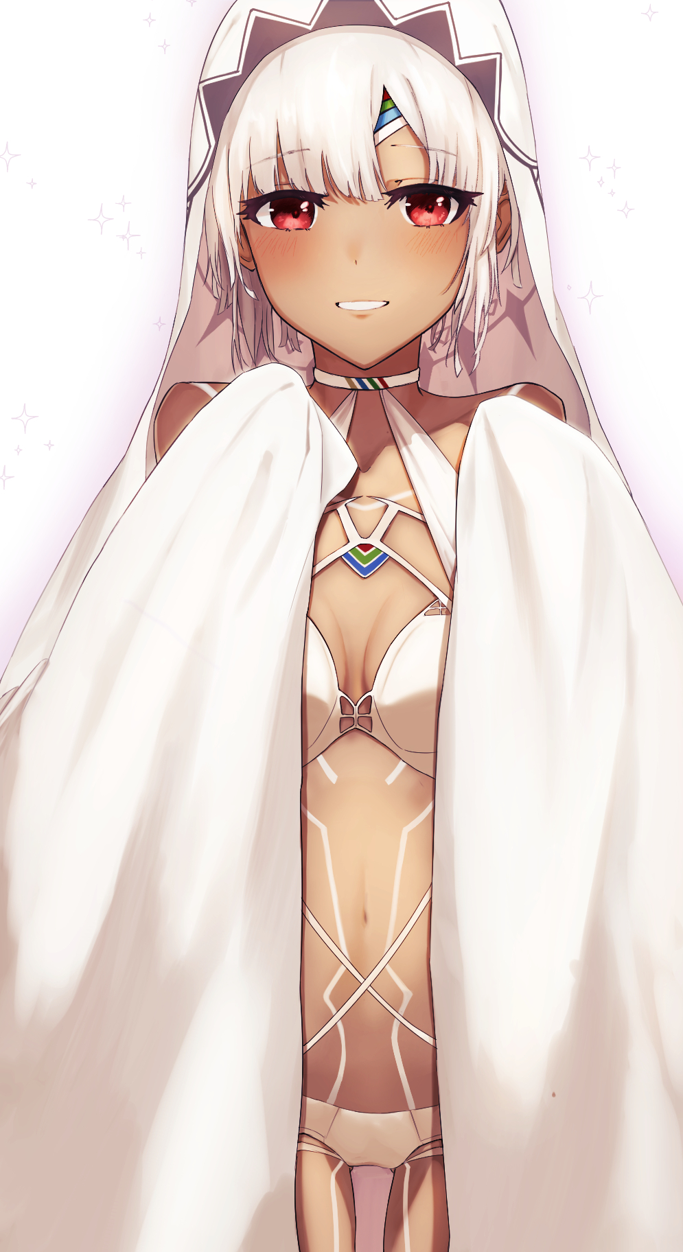 1girl altera_(fate) bangs bare_shoulders bikini breasts c_xj collarbone dark_skin dark_skinned_female fate/extella fate/extra fate/grand_order fate_(series) full_body_tattoo grin highres large_breasts looking_at_viewer lostroom_outfit_(fate) medium_breasts navel red_eyes short_hair smile swimsuit tattoo thighs veil white_bikini white_hair