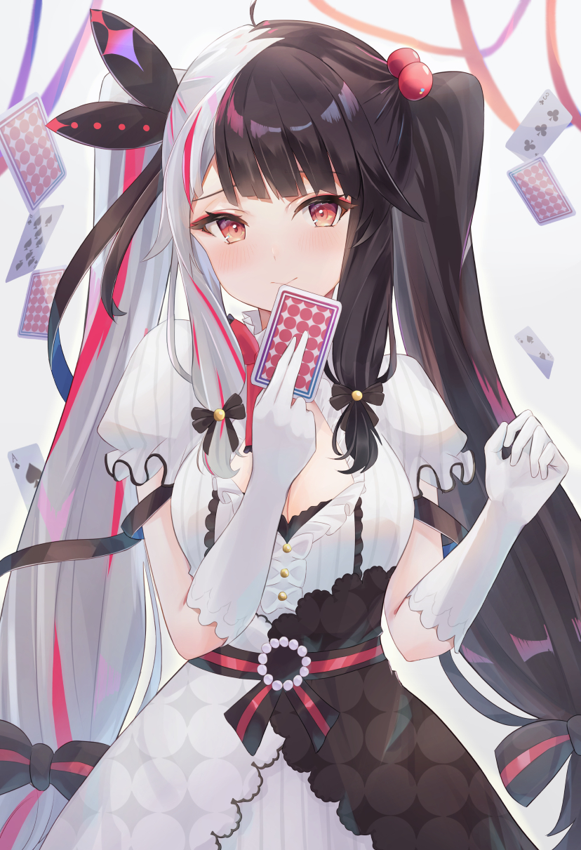 1girl ahoge bangs black_bow black_dress black_hair black_ribbon blush bow breasts card closed_mouth club_(shape) commentary_request dress eyeliner falling_card gloves grey_hair hair_bobbles hair_bow hair_ornament hair_ribbon hand_up highres holding holding_card long_hair looking_at_viewer makeup medium_breasts multicolored_hair nijisanji orange_eyes playing_card puffy_short_sleeves puffy_sleeves red_hair ribbon shiny shiny_hair short_sleeves sisoha smile solo streaked_hair striped striped_bow twintails two-tone_dress two-tone_hair vertical-striped_dress vertical_stripes very_long_hair virtual_youtuber white_background white_dress white_gloves yorumi_rena