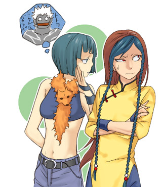 1girl androgynous artist_request botan_(kof) chinese_clothes lowres mukai_(kof) multicolored_hair otoko_no_ko shion_(kof) the_king_of_fighters two-tone_hair