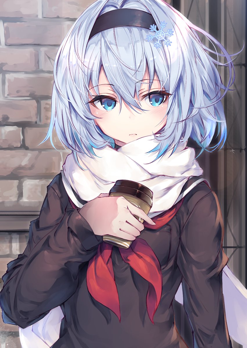 1girl bangs black_shirt blue_eyes blue_hair blush brick_wall commentary_request cup disposable_cup eyebrows_visible_through_hair fal_maro hair_between_eyes hair_ornament highres holding holding_cup long_sleeves looking_away neckerchief red_neckwear ryuuou_no_oshigoto! scarf shirt short_hair snowflake_hair_ornament solo sora_ginko upper_body white_scarf