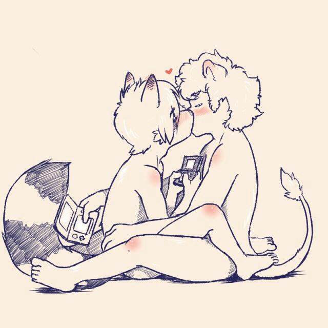 &lt;3 anthro casual_nudity ds_console duo endcoon felid kissing line_art lion lutrine male male/male mammal mustelid nude pantherine romantic_couple young