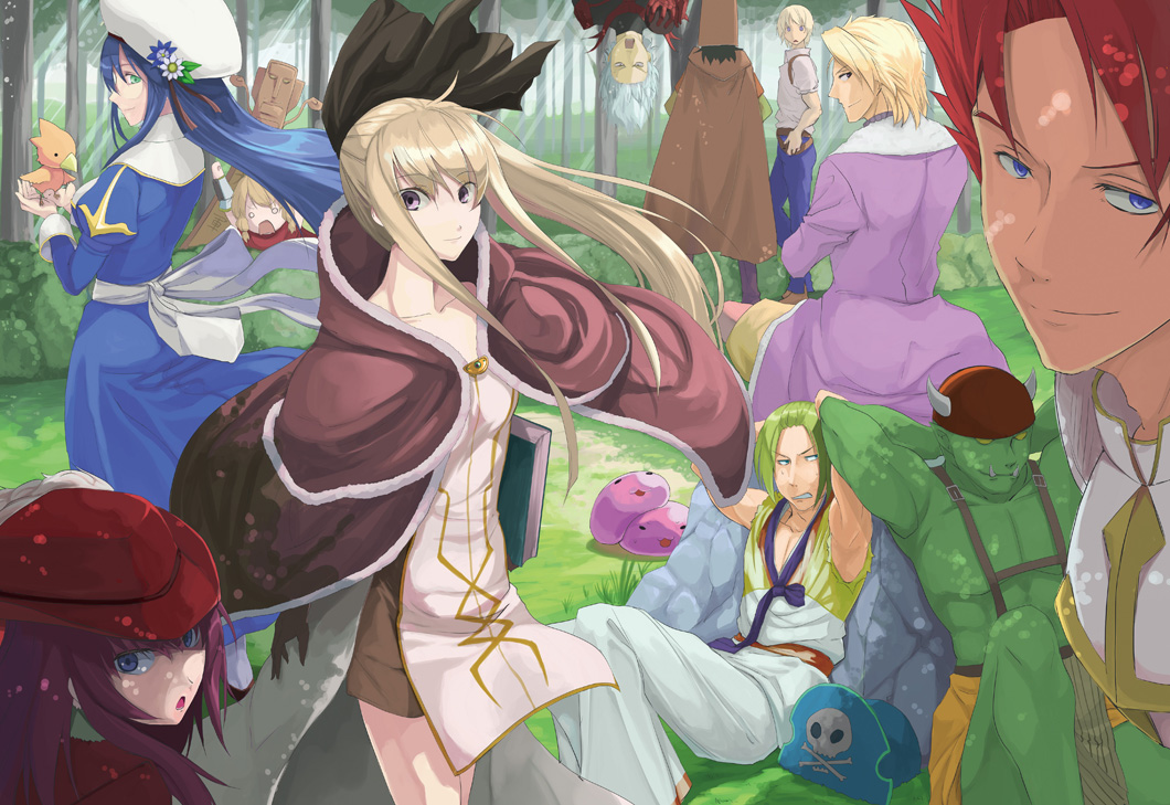 4girls 6+boys :3 animal armor armpits arms_up backpack bag bag_on_head bangs bard_(ragnarok_online) belt bird black_bow black_hair blacksmith_(ragnarok_online) blonde_hair blue_eyes blue_flower blue_hair blue_pants book bow breastplate brown_belt brown_cape brown_capelet brown_dress brown_footwear brown_gloves brown_shirt cape chick clenched_teeth clip_studio_paint_(medium) closed_mouth coat commentary_request cover cover_page cowboy_shot cross day dougi doujin_cover dress eyebrows_visible_through_hair flower forest fur-trimmed_cape fur-trimmed_jacket fur_trim gauntlets gloves greatest_general_(ragnarok_online) green_hair green_shirt grey_eyes guillotine_cross_(ragnarok_online) hair_between_eyes hair_bow hat hat_flower high_heels high_priest_(ragnarok_online) high_wizard_(ragnarok_online) holding holding_animal holding_bird holding_book horned_headwear hunter_(ragnarok_online) jacket juliet_sleeves korean_clothes long_hair long_sleeves looking_at_another looking_at_viewer looking_back looking_to_the_side lord_knight_(ragnarok_online) monster multiple_boys multiple_girls nature nueco o_o open_mouth orc orc_(ragnarok_online) outdoors pants parted_bangs picky_(ragnarok_online) ponytail poring pouch puffy_sleeves purple_coat purple_eyes purple_hair purple_pants ragnarok_online ranger_(ragnarok_online) reclining red_armor red_hair red_headwear red_jacket red_scarf rock rogue_(ragnarok_online) sash scarf shirt shoes short_dress short_hair short_over_long_sleeves short_sleeves shorts sidelocks sleeveless sleeveless_shirt slime_(creature) smile strapless strapless_dress suspenders taekwon_(ragnarok_online) teeth thighhighs totem tree two-tone_dress upside-down white_bow white_dress white_flower white_hair white_headwear white_legwear white_pants white_sash white_shirt yellow_shorts