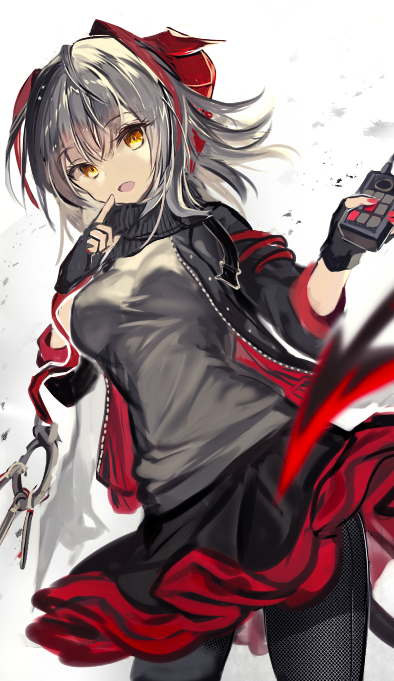 1girl :d arknights bangs black_gloves black_jacket black_pants black_skirt breasts commentary cowboy_shot demon_girl demon_horns demon_tail eyebrows_visible_through_hair finger_to_mouth fingerless_gloves fuupu gloves grey_shirt highres holding horns index_finger_raised jacket long_sleeves looking_at_viewer md5_mismatch medium_breasts miniskirt multicolored_hair nail_polish open_clothes open_jacket open_mouth pants red_hair red_nails shirt short_hair shushing silver_hair simple_background skirt smile solo streaked_hair tail tight tight_pants two-tone_hair w_(arknights) white_background yellow_eyes