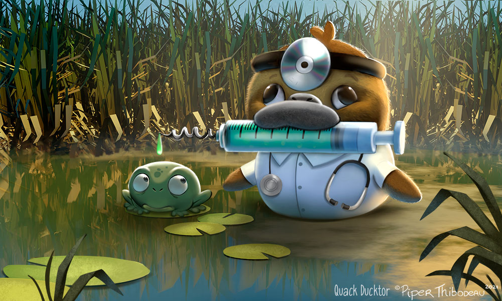 2021 3d_(artwork) ambiguous_gender amphibian anatid anseriform anthro avian bird black_eyes brown_wings clothing coat cryptid-creations derp_eyes digital_media_(artwork) doctor duck duo english_text feathered_wings feathers feral frog green_body humor lab_coat lily_pad medical_instrument medical_syringe name_tag plant pun scared scientific_instrument stethoscope swimming syringe text topwear visual_pun water wings yellow_eyes