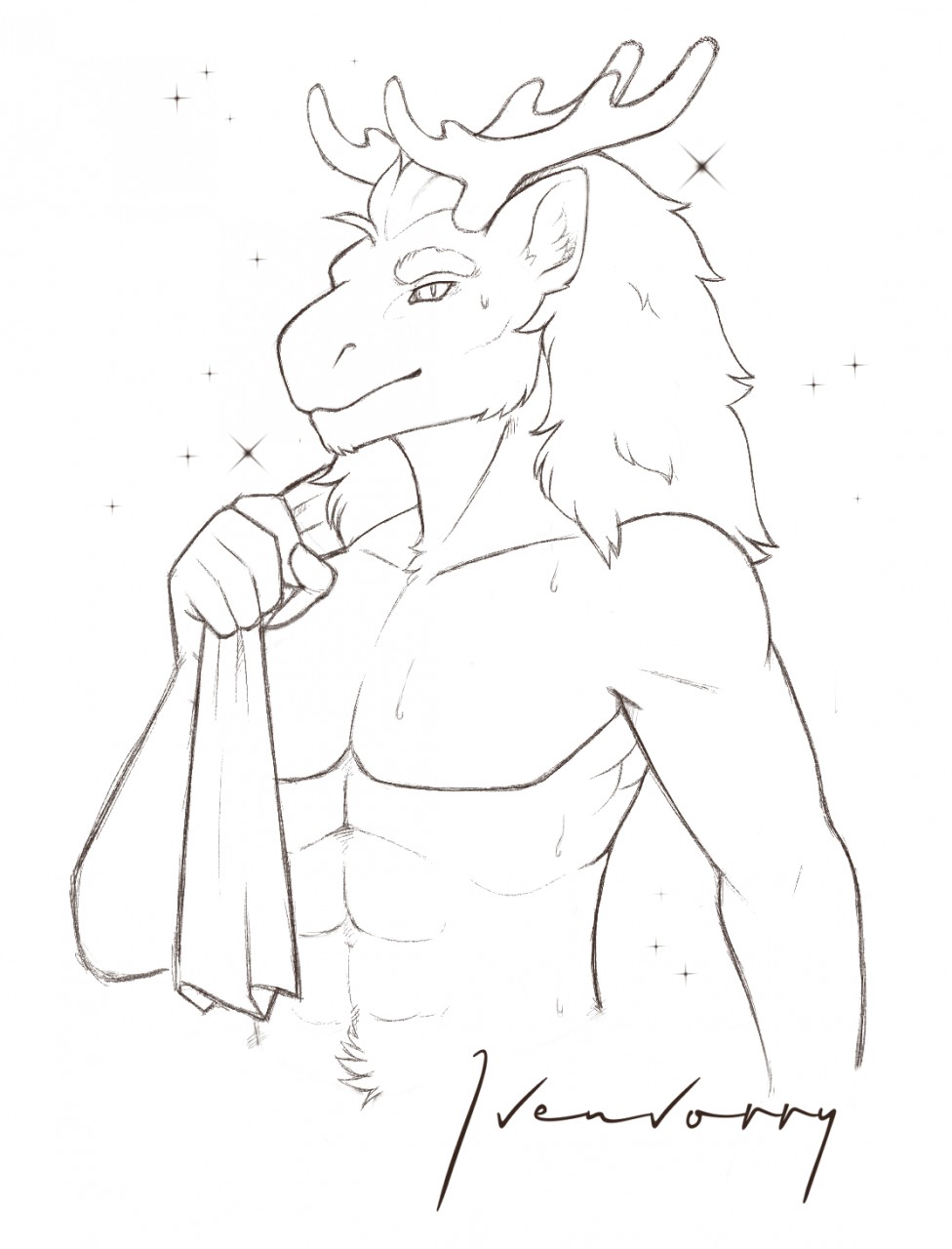 anthro antlers athletic avoid_posting bodily_fluids dragon hi_res horn ivenvorry male mane muscular muscular_male prince prince_borgon royalty shiny_(disambiguation) sketch solo sweat towel