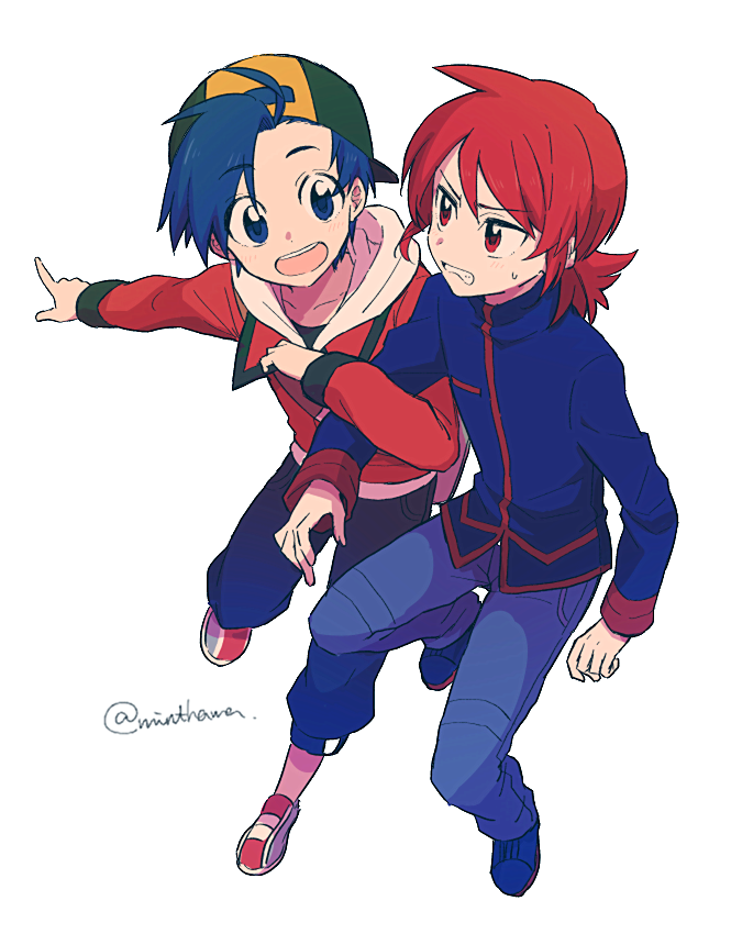 2boys ahoge angry backwards_hat blue_hair blush ethan_(pokemon) gensi hat high_collar jacket male_focus multiple_boys open_mouth pants pointing pokemon pokemon_(game) pokemon_hgss red_eyes red_hair short_hair sidelocks signature silver_(pokemon) simple_background sweatdrop teeth white_background