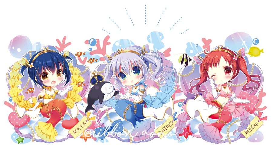 3girls :d ;o animal aono_ribbon bare_shoulders bikini blue_bikini blue_eyes blue_hair blush bow bow_bikini brown_eyes character_name chimame-tai clownfish coral crown elbow_gloves gloves gochuumon_wa_usagi_desu_ka? hand_up jouga_maya kafuu_chino long_hair mermaid mini_crown monster_girl monsterification multiple_girls natsu_megumi one_eye_closed open_mouth parted_lips pink_bikini red_eyes red_hair smile starfish swimsuit tippy_(gochiusa) twintails white_background white_gloves yellow_bikini