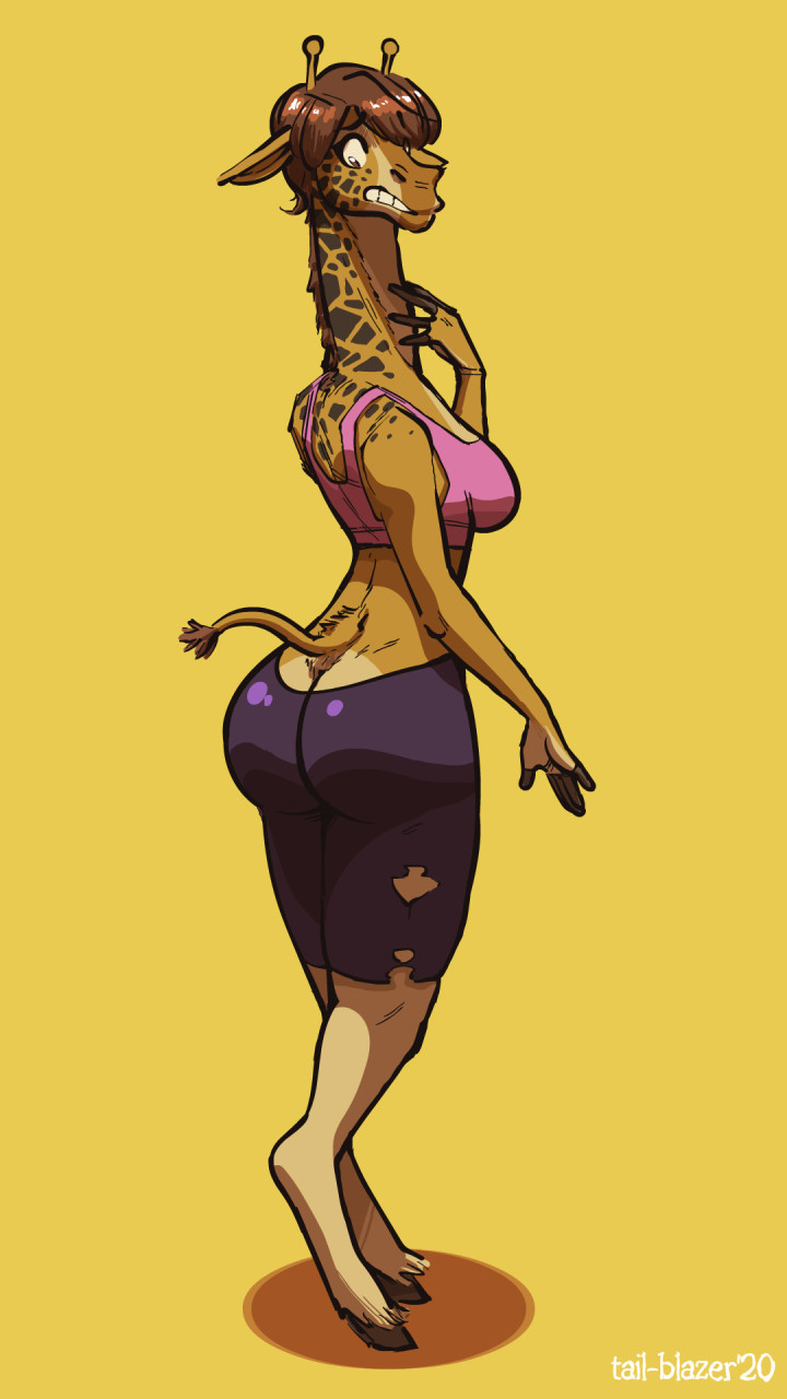 anthro better_version_at_source big_butt bra breasts brown_hair butt butt_pose clothing female fur giraffe giraffid hair hi_res hooves horn long_neck looking_back mammal ossicone pose solo sports_bra spots standing tail-blazer tight_clothing torn_clothing transformation underwear yellow_body yellow_fur yoga_pants