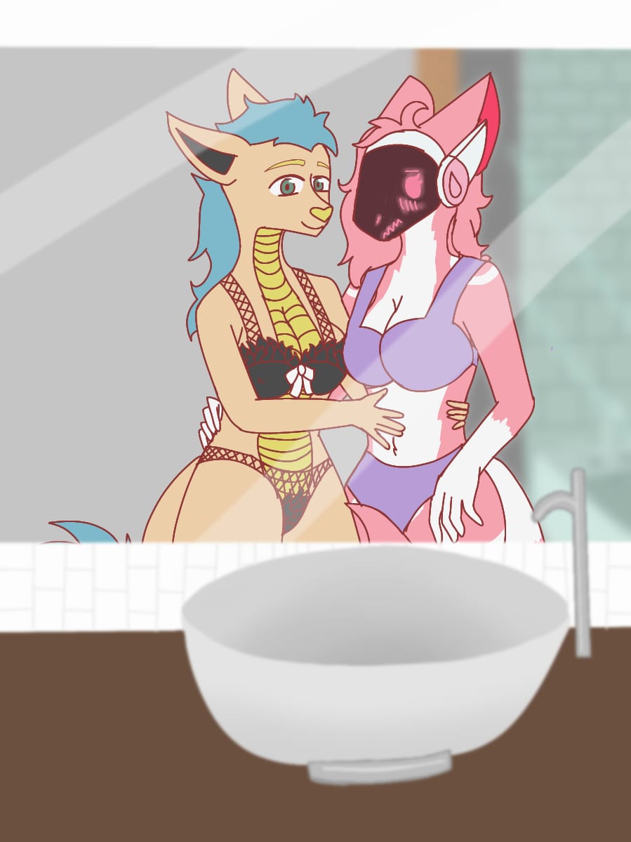 anonymous_artist anthro bathroom blue_hair canid canine clothing dragon duo female female/female fur green_eyes hair hands_on_hips hi_res ienikra kinnara lingerie machine mammal pink_body pink_fur pink_hair protogen reptile scalie shy sibling sister sisters smile taiyo underwear white_body white_fur yellow_body yellow_skin
