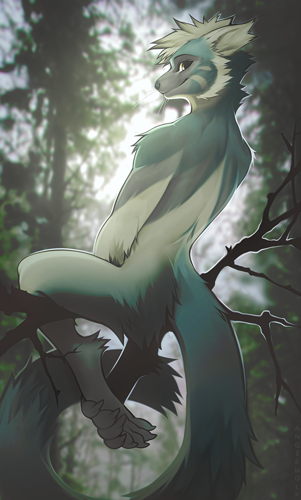 2021 angiewolf anthro day detailed_background digital_media_(artwork) forest male outside plant sitting smile solo tree