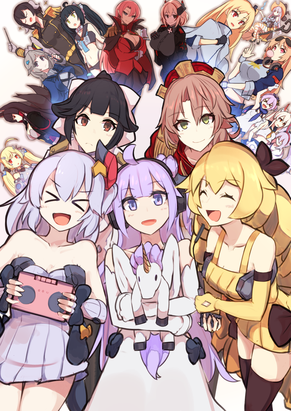 &gt;_&lt; 6+girls :d ^_^ ^o^ ahoge akagi_(azur_lane) animal_ears arm_up armpits ayanami_(azur_lane) azur_lane bangs bare_shoulders black_eyes black_hair blonde_hair blunt_bangs bow breasts brown_hair bunny_ears cape capelet chewing_gum cleavage clenched_hand cleveland_(azur_lane) closed_eyes collarbone columbia_(azur_lane) commentary_request crown detached_sleeves doll_hug dress drill_hair duke_of_york_(azur_lane) eldridge_(azur_lane) epaulettes erebus_(azur_lane) erebus_(wardrobe_witchery)_(azur_lane) exeter_(azur_lane) eyebrows_visible_through_hair eyes_visible_through_hair eyewear_on_head facial_mark fake_animal_ears fox_ears fox_girl fox_tail gloves green_eyes grey_eyes hair_between_eyes hair_bow hair_bun hair_ornament hair_ribbon hairpin hat headgear headphones headphones_around_neck highres holding horns i-58_(azur_lane) iron_cross japanese_clothes javelin_(azur_lane) kyuubi laffey_(azur_lane) long_hair looking_at_another looking_at_viewer low_twintails marshall_k midriff mikasa_(azur_lane) mini_crown multicolored_hair multiple_girls multiple_tails navel off-shoulder_dress off_shoulder one_side_up open_mouth pink_hair platinum_blonde_hair pleated_skirt pointer ponytail prototype_bulin_mkii_(azur_lane) purple_eyes purple_hair raised_fist red_eyes ribbon roon_(azur_lane) school_uniform seattle_(azur_lane) serafuku short_hair side_bun sidelocks silver_hair simple_background sitting skirt smile staff staff_riding strapless strapless_dress streaked_hair striped striped_legwear stuffed_animal stuffed_toy sunglasses tail takao_(azur_lane) thighhighs twin_drills twintails two-tone_hair unicorn_(azur_lane) universal_bulin_(azur_lane) vertical_stripes white_background white_gloves witch_hat wristband xd zettai_ryouiki