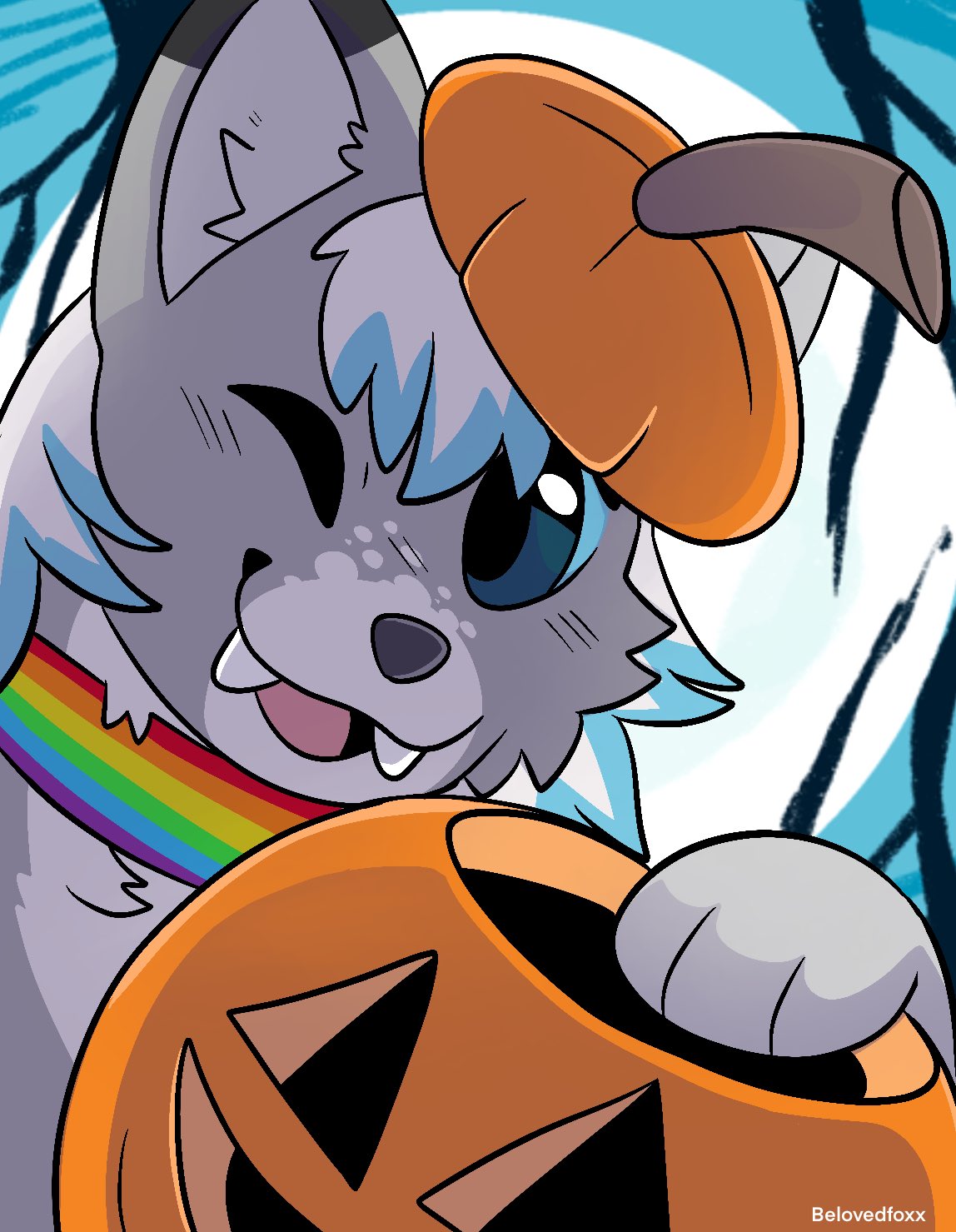 anthro belovedfoxx canid canine canis cute_expression dante_kinkade full_moon halloween hi_res holidays jack-o'-lantern lgbt_pride male mammal moon pride_colors solo wolf