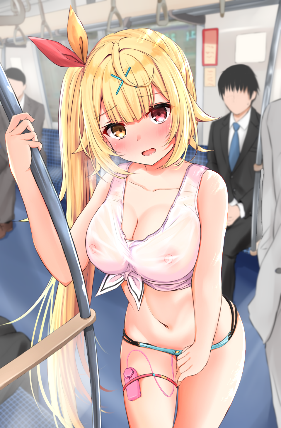1girl 2boys bare_shoulders blonde_hair blush bow breasts covered_nipples ex_idol exhibitionism front-tie_top hair_bow hair_ornament hairclip heterochromia highres hoshikawa_sara large_breasts long_hair looking_at_viewer midriff multiple_boys navel nijisanji red_eyes sex_toy shorts thighhighs very_long_hair vibrator virtual_youtuber yellow_eyes