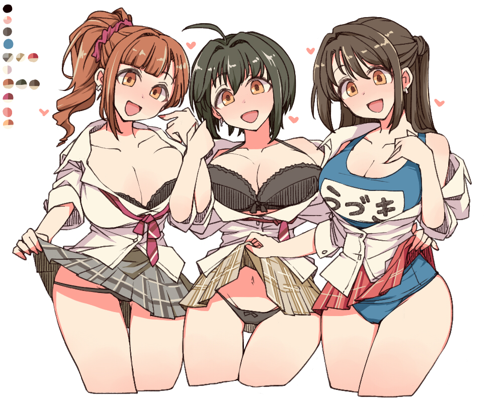 3girls :d alternate_breast_size antenna_hair ass_visible_through_thighs bangs black_bra black_hair black_panties blush bra breasts brown_hair checkered checkered_skirt cleavage color_guide commentary_request cropped_legs earrings grey_skirt hair_intakes head_tilt heart idolmaster idolmaster_cinderella_girls idolmaster_cinderella_girls_starlight_stage igarashi_kyouko jewelry kohinata_miho large_breasts lifted_by_another lifted_by_self long_hair looking_at_viewer lowleg lowleg_panties micro_panties miniskirt multiple_girls name_tag navel necktie one-piece_swimsuit open_clothes open_mouth open_shirt orange_eyes panties partially_unbuttoned pink_check_school_(idolmaster) pink_neckwear plaid plaid_skirt pleated_skirt ponytail red_skirt school_swimsuit school_uniform scrunchie shimamura_uzuki shirt short_hair sidelocks simple_background skirt skirt_lift sleeves_pushed_up smile standing swimsuit swimsuit_under_clothes thigh_gap thighs thong toriga_naku underwear white_background white_shirt