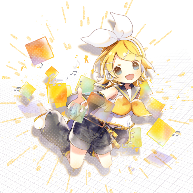 1girl arm_warmers bangs bare_shoulders beamed_eighth_notes beamed_sixteenth_notes belt black_collar black_shorts black_sleeves blonde_hair blue_eyes bow collar commentary eighth_note floating full_body grid grid_background hair_bow hair_ornament hairclip headphones headset kagamine_rin leg_warmers legs_up looking_at_viewer midriff_peek musical_note neckerchief open_mouth outstretched_arm sailor_collar school_uniform shirt shorts sleeveless sleeveless_shirt smile solo soriku square swept_bangs vocaloid white_background white_bow white_shirt yellow_neckwear
